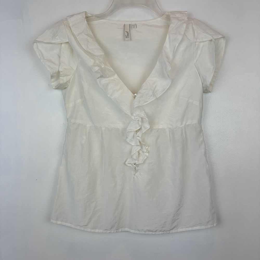 Ruffle Top Women XS Button Up Shirt Ivory Blouse Coquette Whimsy Dainty Babydoll